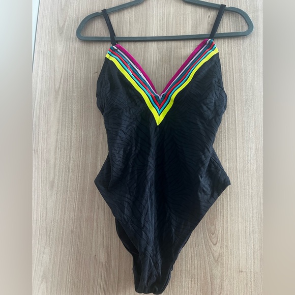 TRINA TURK BLACK & NEON PLUNGE ONE PIECE SWIMSUIT (Size 6) - Picture 3 of 10